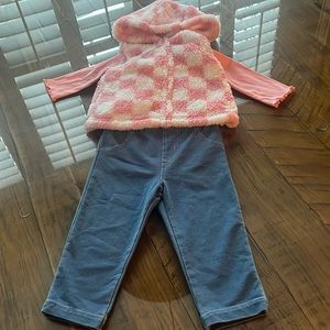 NWT Little Me 3 piece set. Pants, long sleeve Onsie and vest sizes 12 M & 18 M